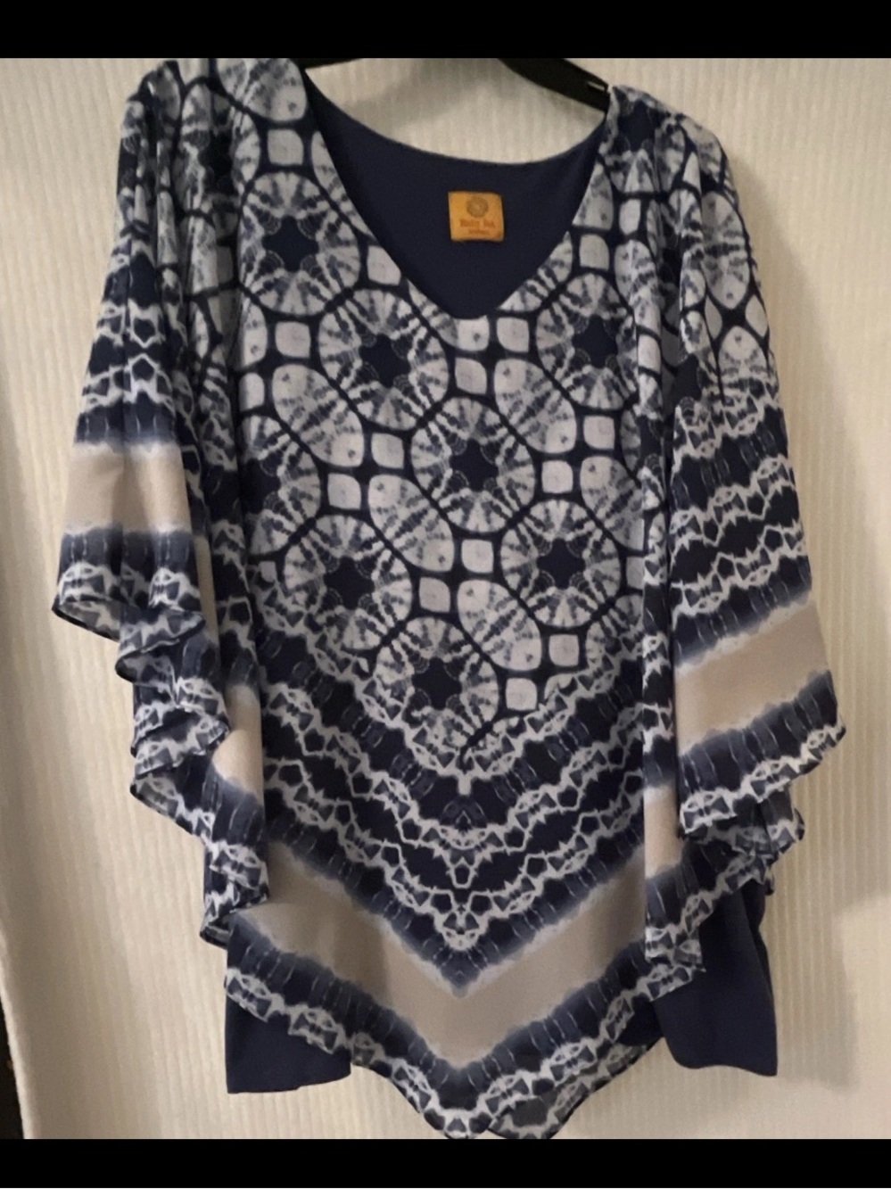Ruby Rd. Navy and White Tie-Dye V-Neck Poncho Top